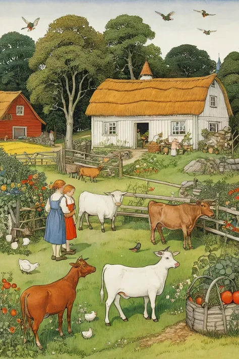 Pastoral Idyll, farm, by Elsa Beskow.
best quality, masterpiece, intricate details, ultra-detailed