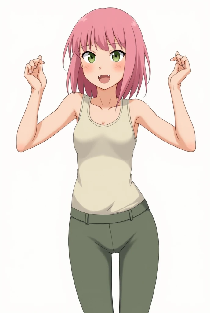 haruno sakura same in naruto shippuden,smiles,wearing singlet and raise two of her arms up ,armpits ,realistic,sniffing her armpits 
