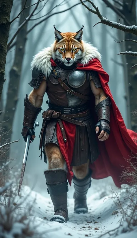 "An intimidating warrior with a strong, muscular and even frightening male human body, combined with the head of a wild lynx, whose yellow eyes glow in the darkness. He wears leather and iron armor, adorned with red and white details, representing the colo...