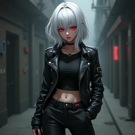 My Hero Academia oc Girl with White Hair, Red Eyes, Black Leather Jacket, Pants and Shirt