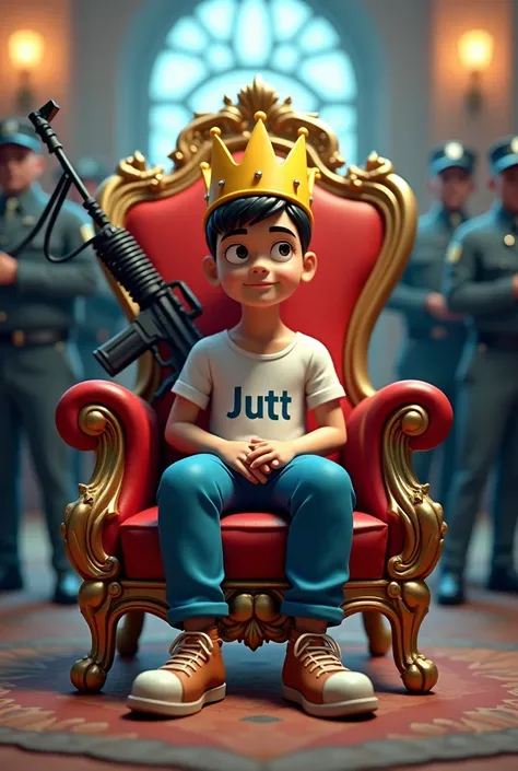 Create a 3D illusion for a profile picture There is a boy of 33 years old who is sitting on a magnificent chair wearing blue pants and a jutt written on shirt and a yellow crown on head sorrounding the magnificent chair is an m416 gun and behind it are sec...