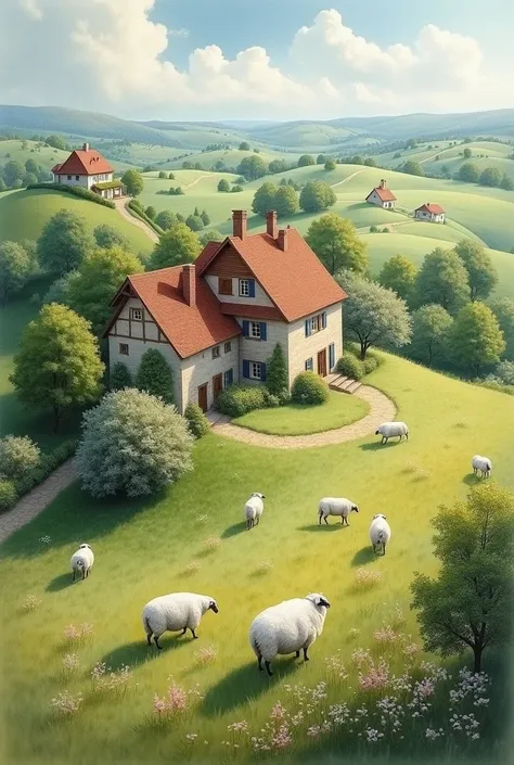 
           Countryside Picnic Landscape Vintage Oil Painting Fine Architecture Farmhouse Cottage Europe Far Away Beautiful Countryside Scenery White Sheep Flock Romantic Tranquility

 Aerial view of the field landscape artistic style wide angle surreal、Ex...