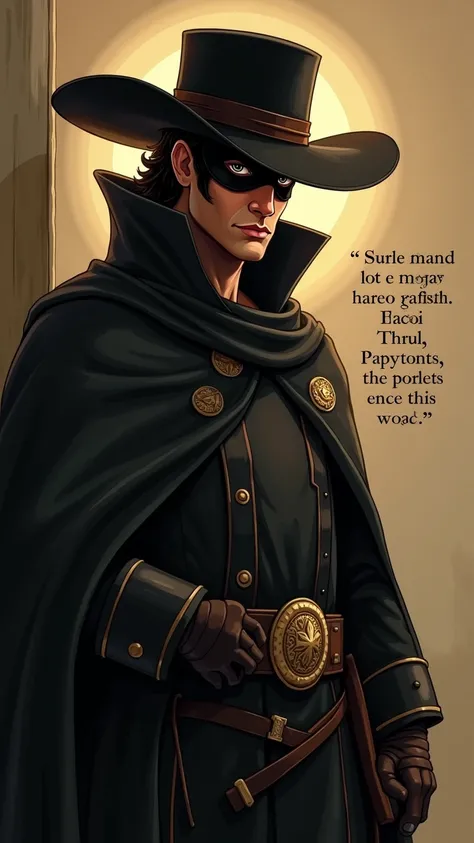 "Zorro looking at the viewer with a wise expression, next to the phrase of the moral; illustration in warm tones."