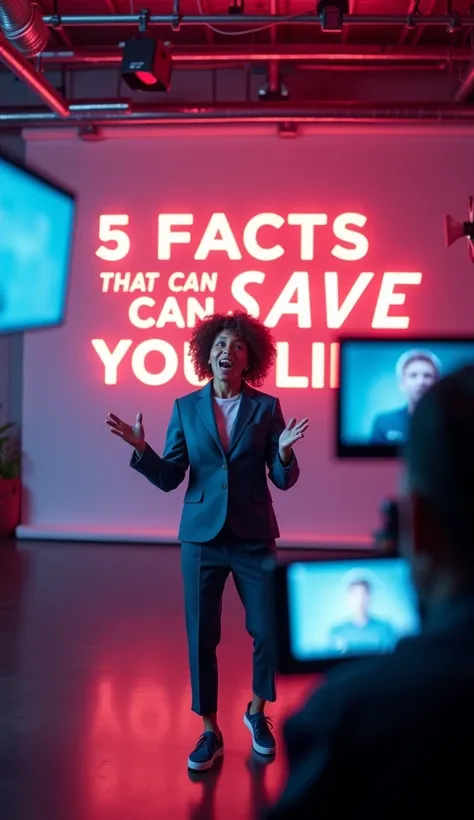 A dynamic, energetic scene with a person excitedly introducing life-saving facts in a modern, engaging video setting, with text ‘5 Facts That Can Save Your Life’ popping up on the screen, vibrant colors and animated elements surrounding the speaker