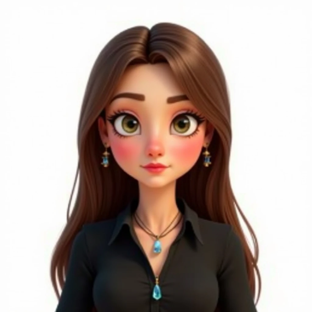 Pixar style art of the rounded face of an adult Western Caucasian woman with completely long, straight brown shoulder-length hair, medium-length lips with pinkish lipstick, small-sized thin nose, small green eyes with slight brown around the eyes, upper fr...