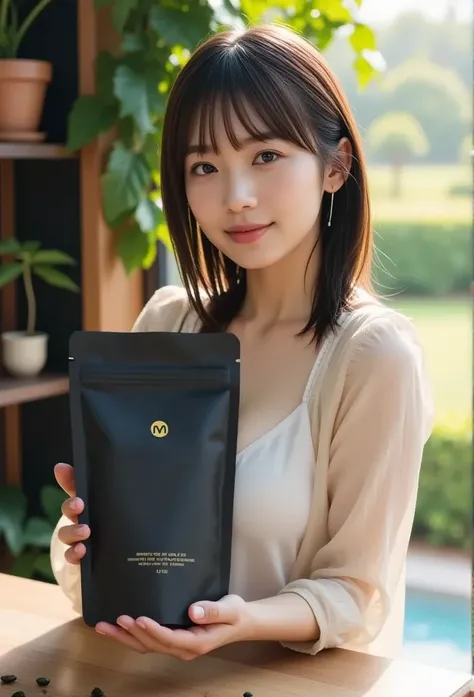 "Create a photorealistic mockup of a Japanese woman holding a smaller matte black ziplock stand-up tea pouch. The pouch should be about the size of her hand, appearing compact and portable. The woman has a gentle smile and wears a casual outfit that matche...