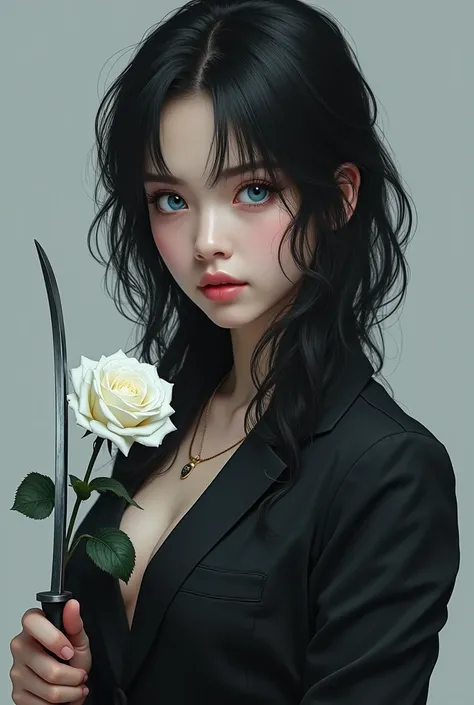  An Asian woman,  with blue eyes , a professional assassin ,  a white rose in her hand and a cunai in the other