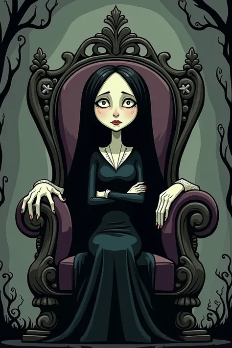  Wednesday Adams tattoo design Tim Burtom style gloomy cartoon,  sitting on a throne, with his arms crossed and a dead hand resting on his shoulder 