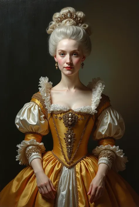  Marie-Antoinette as a snob and debauched,  facing the image,  speaking  "Let them eat brioche "