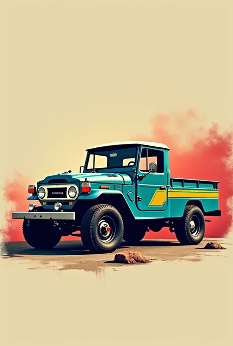 Create an image of a Toyota Land Cruiser model 1976 blue pick up with classic yellow stripes, red, café, negro 
