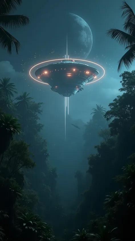 An alien ship arrived above Jungle, at night, planet in sky, particles in air