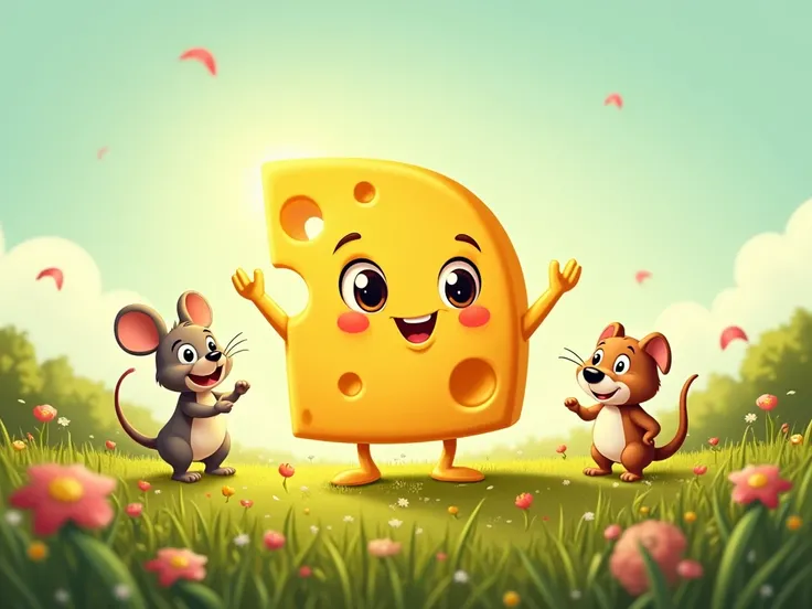 A wedge of cheese personified with a cheerful face, standing proudly in a sunny meadow. Animals like the mouse, cat, and dog are nearby, playfully watching the cheese.