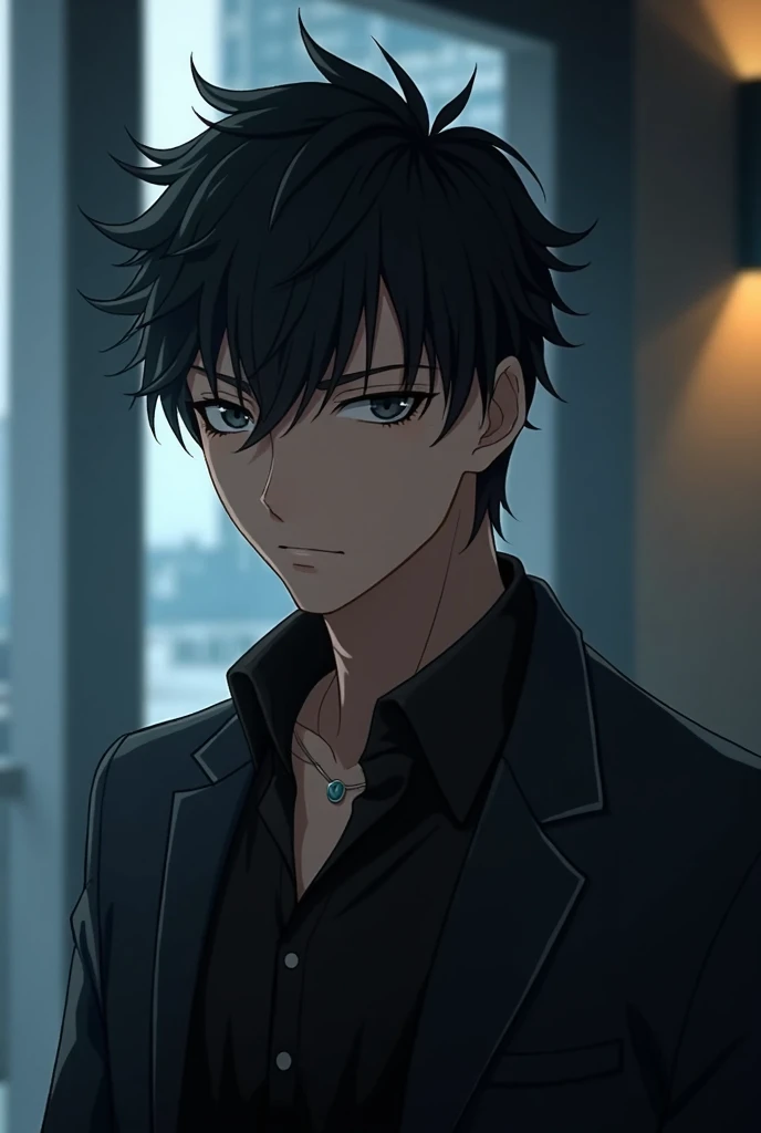 short hair, serious, a man，noble，Mysterious， Black Hair，Black eyes，Dark casual wear, Anime Style, modern, 