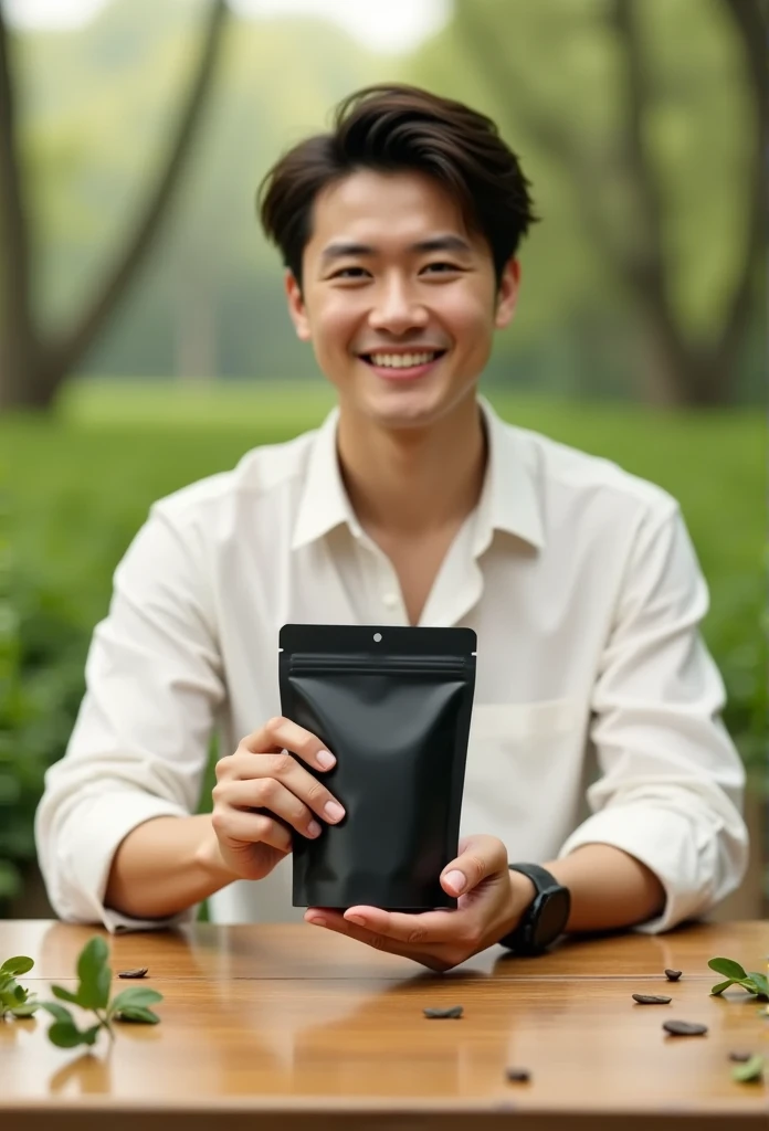 "Create a photorealistic mockup of a smart Thai man holding a smaller matte black ziplock stand-up tea pouch. The pouch should be about the size of his hand, appearing compact and portable. The man has a gentle smile and wears a casual white outfit, such a...