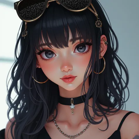 ( masterpiece), ( The best quality: 1.1) (ultra detailed)  illustration style , ( portrait: 1.1) In a complete approach,  in a professional photo salon ,  professional lighting , There is money on the floor .  a beautiful girl with BLACK hair lower than he...