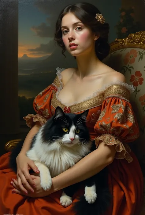 ((( Renaissance oil painting of a beautiful woman with a black and white cat with long hair,, On her lap:1.3))),  The best quality,  masterpiece , expressive, exciting, 256k , epic, twilight light  ( by Michelangelo ,  by Rafael ,  by Rubens :1.2), Chiaros...