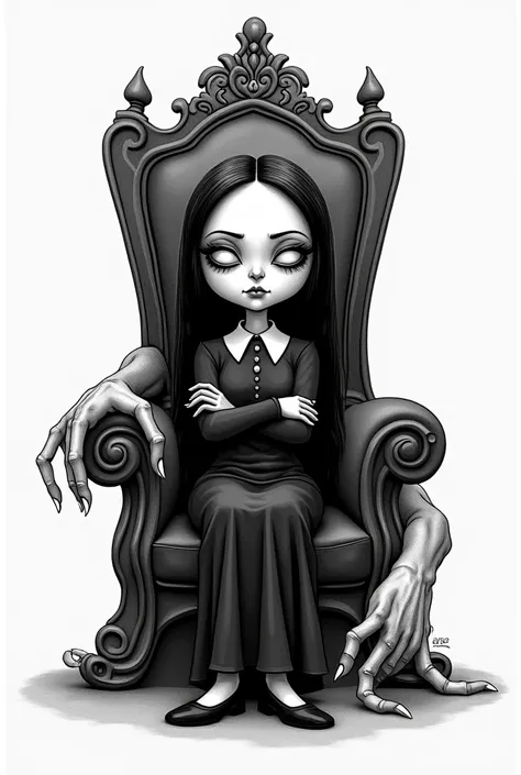  Wednesday Adams tattoo design Tim Burtom style gloomy cartoon,  sitting on a throne, with his arms crossed and a dead hand resting on his shoulder , drawing style in gray on white paper
