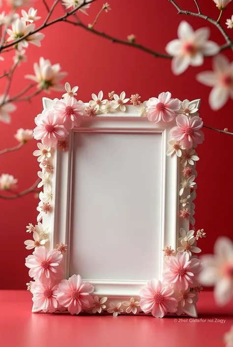 A frame ,  with flowers on the red background , Pink and White, a message of friendship ,  and a smaller frame where I can mount a photograph