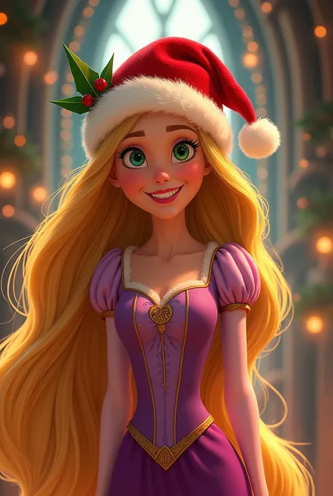 Rapunzel in Tangled with a Christmas hat on her front 

