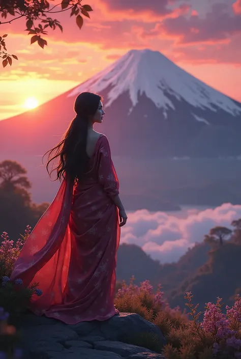 a girl with long hear, wearing saree, stand besides mountain fuji, sunset time sky