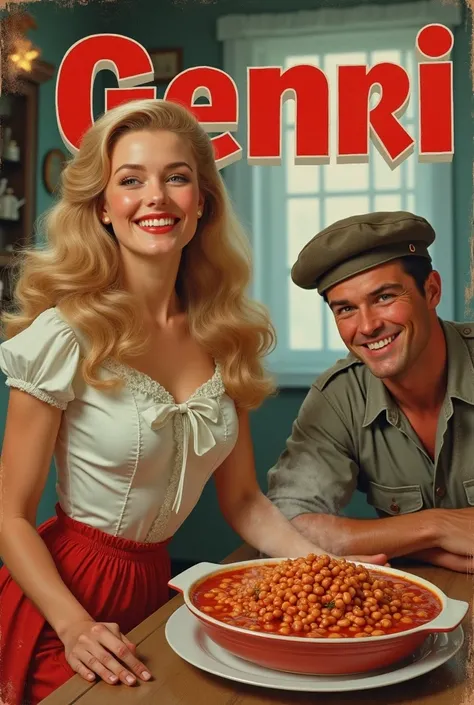 Affiche publicitaire parodique dans le style des posters vintage américains des années 1950. Une jeune femme très séduisante et souriante avec de longs cheveux blonds, des grands yeux bleus innocents, des tâches de rousseur, habillée dans un style soviétiq...