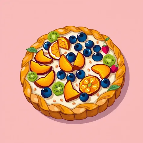 Fruit Tart with Decorative Crust and Toppings
Subject: A round tart with a braided crust edge, filled with neatly arranged fruit slices (e.g., orange wedges, kiwi, and blueberries) on top of a smooth cream layer.
Style: Bold and intricate line art, emphasi...