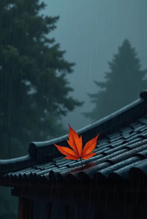 A leaf stuck in the roof while the rain.
The tree above the roof