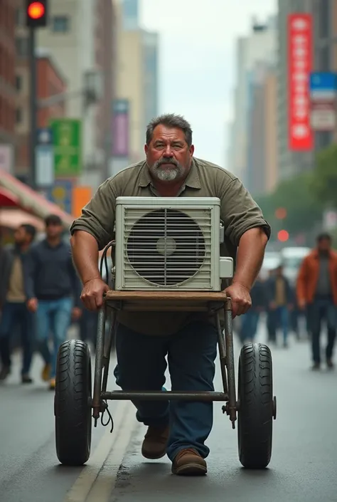 Man carrying minisplit air conditioner in a slut-type wheelbarrow to the office area