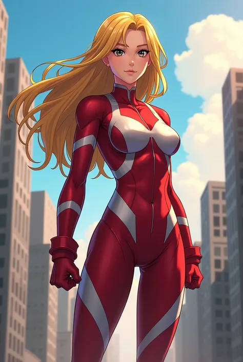  My Hero Academia style ,   anime girl , woman, young woman ,  full body shot ,( Fighting Stance :1.3),Long Hair,  yellow hair,   black eyes , hero suit, Full Body Suit,  red suit with white details, perfect anatomy,  enhanced abs , super detailed,(buildin...