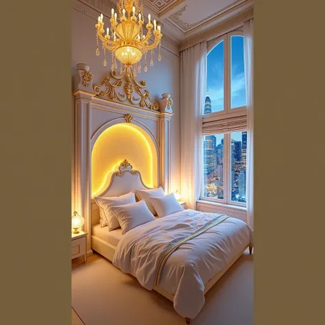 A luxurious bedroom with a large, ornate bed, featuring a white duvet and pillows, and a large window overlooking a city skyline. The room is decorated in a classic style, with white walls, ornate moldings, and a large chandelier. The light is soft and war...