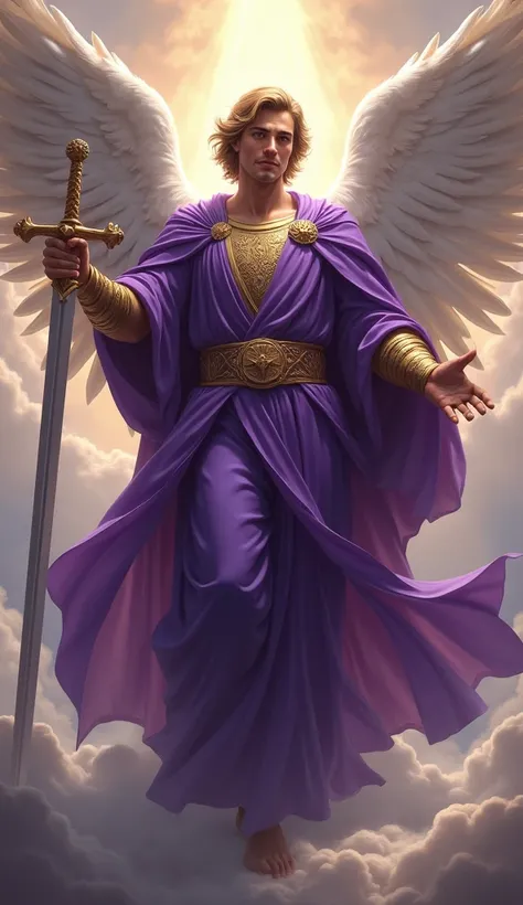 Create a realistic image of Saint Michael the Archangel with purple clothes, he is very handsome 