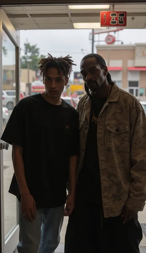 XXXTentacion and Snoop Dogg walk into a fast food restaurant
XXXTentacion is wearing a black t-shirt