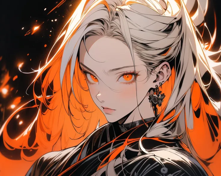 Full body shot, Style by Tsutomu Nihei,(incroyablement absurdres, ( high resolution:1.18),  complex details, ( masterpiece:1.1), ( superior quality :1.1), absurdres),(1fille, portrait, white hair, orange eyes,  Long Hair,  detailed eyes, 30 ans), full body...