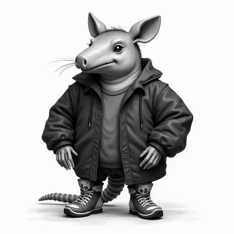  Sketch black and white armadillo with oversized clothing, botas de motocros, Black flannel ,  motocross boots in white black and gray colors Alta resolución, La mejor calidad, Detalle, Modelo HD, Detalles altos, Calidad, Alta calidad, Muy detallado, UHD, 