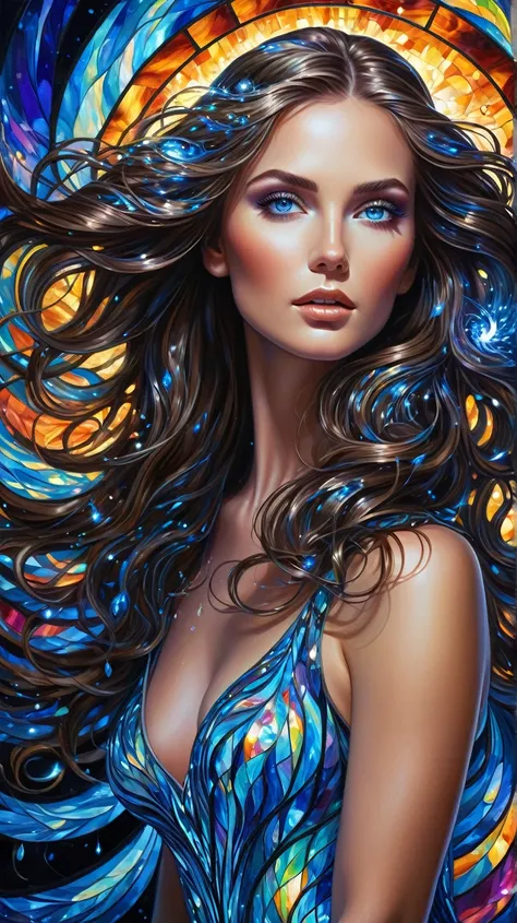 Painting of a woman, black_light style, stunning beauty, crystal blue eyes, flowing hair, splashes of light, cool and twister, background crystals sparkle and overflow, creating fantastic illusion, release of flame and water and flash, wonderful beauty, el...