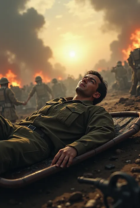 A tired soldier sits during a battle on a stretcher in a burst of promise