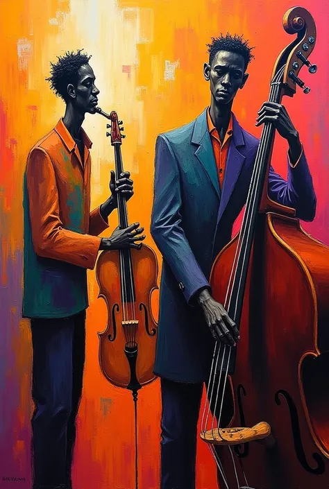 Idea of illustration of the expressionist movement of jazz, chaotic, orange colors, purple and yellow, Abstract