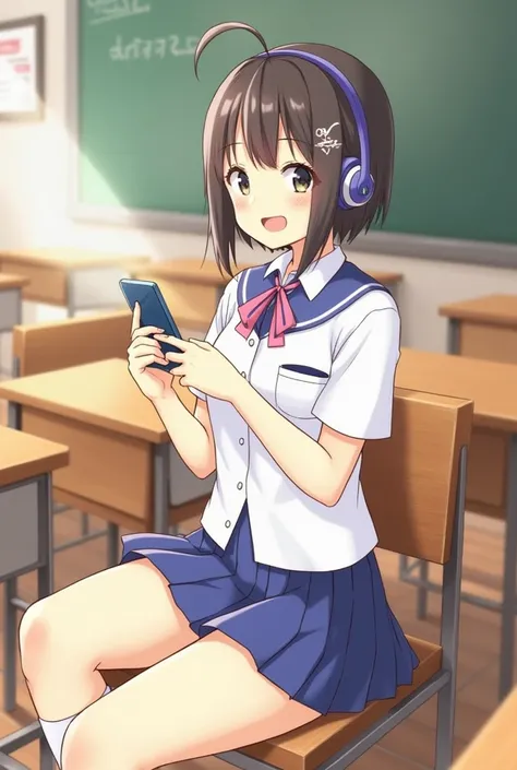 Furina genshin impact, focalors, genshin, impact , furina wearing school uniform, shirt is white and skirt is blue, sit in classrom playing phone and use headphone, smile listenig music 