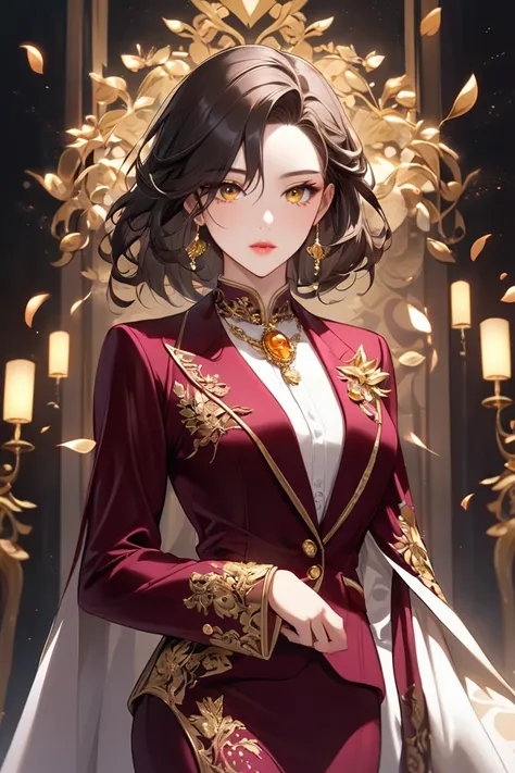  A 25 year old young man,  Lian Jang looked dazzling in a velvet suit burgundy ,   with many gold ornaments and a syrup that almost seemed to fly ,  perfectly adjusted to her slender silhouette .  The rich and soft fabric captured light in an elegant way ,...