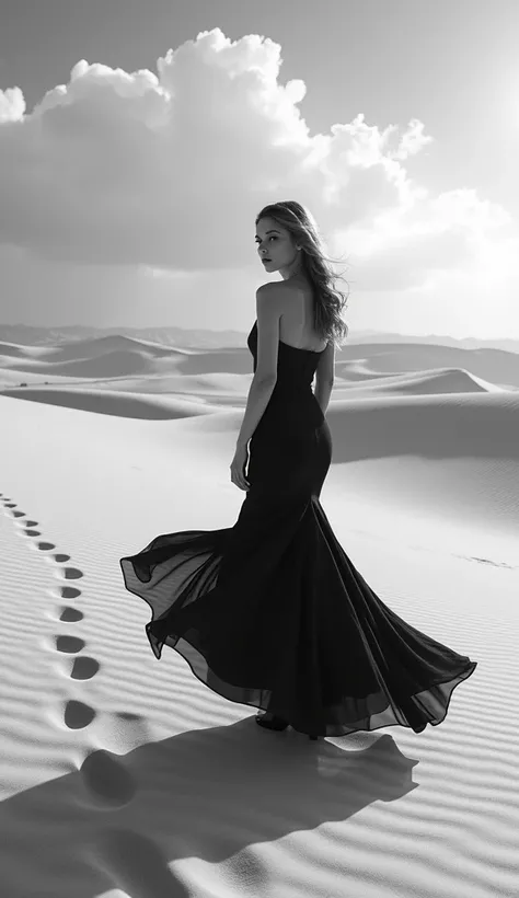 (black and white photography, high contrast、Infrared Filter)、highest quality, masterpiece, ultra high resolution, (realistic:1.4), Raw photo, 1 girl, beautiful face、off shoulder, Distant view of the dune ridge from a high vantage point、Woman standing with ...