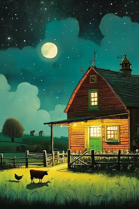 Pastoral Idyll, farm, night, by Oliver Jeffers.
best quality, masterpiece, intricate details, ultra-detailed