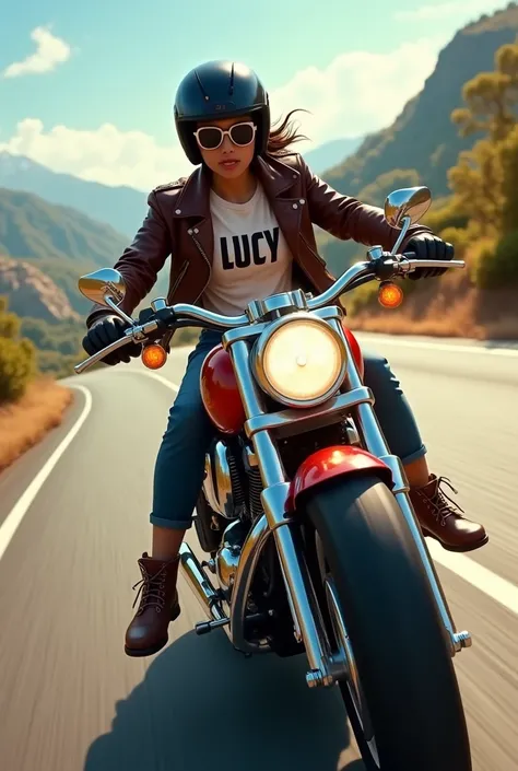 A rider with motorcycle and his shirt written Lucy