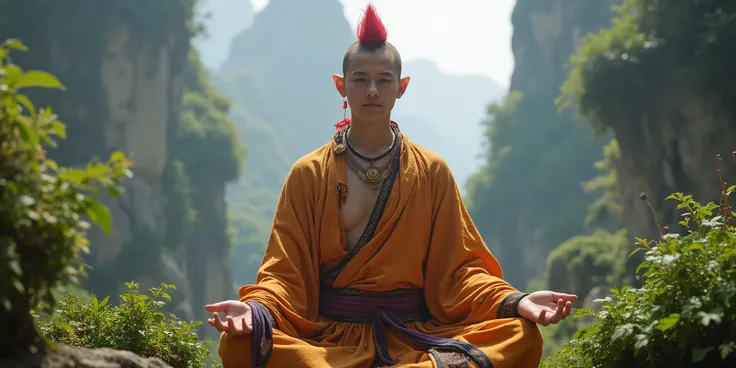 Elf monk with red mohawk hairstyle