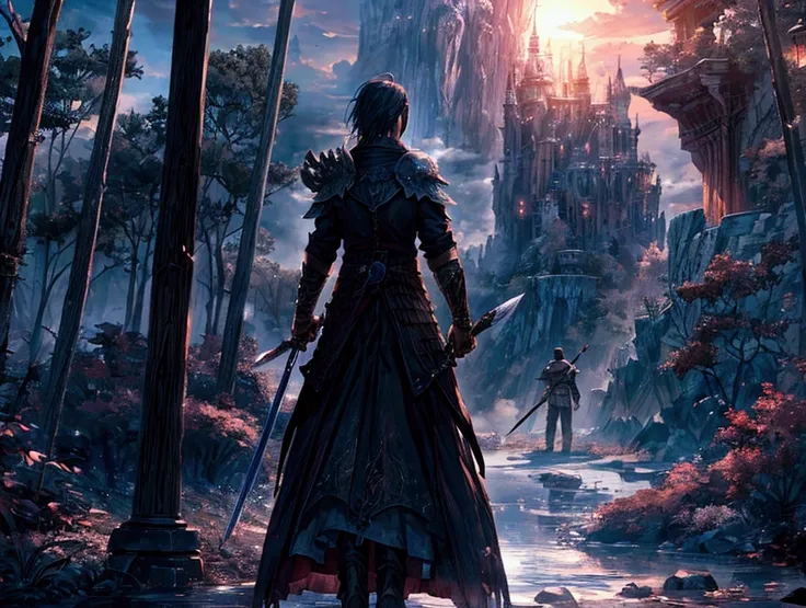 dawn，Fantasy World，rear view，Backdrop of a man holding a broken sword，epic，in the end