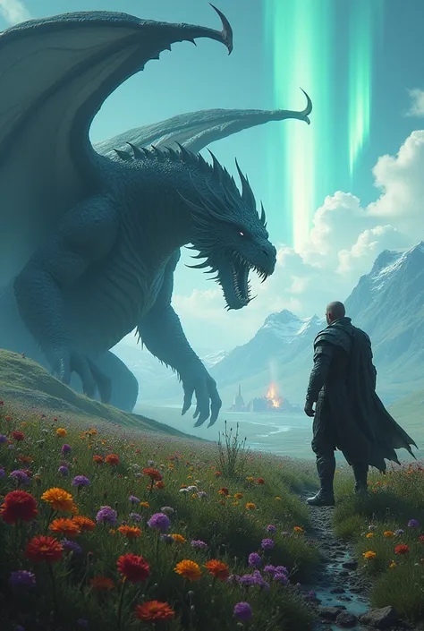 Tulkas affronte alduin enragé, dans un champ de fleur, avec une Aurore boréale. Une montagne et un village incendié dans le fond