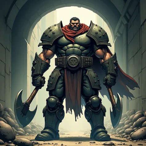 american comic book style 1 guy, cipher commander, standing, facing viewer, armor, leather axes, helmet, scarf, full body, stocky, burly, physique, in concrete tunnel, underground, soft lighting