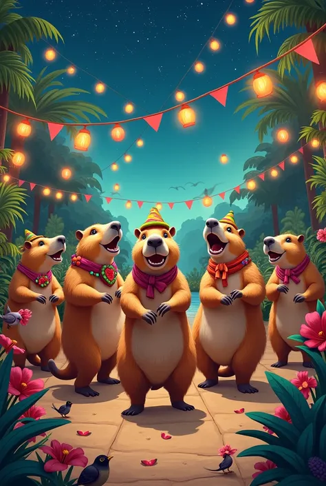 Capybaras dancing happily at a party 