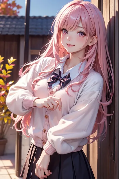 ( best quality, high definition ,8k,inelity detailed background, masterpieces:1.2), pretty girl,(Glossy pink-colored hair:1.3),(long hair:1.2) ,long hair, messy hair, Beautiful pink eyes,autumn,school uniform,Cardigan,skirt,black tights,(zettairyoiki:1.2),...