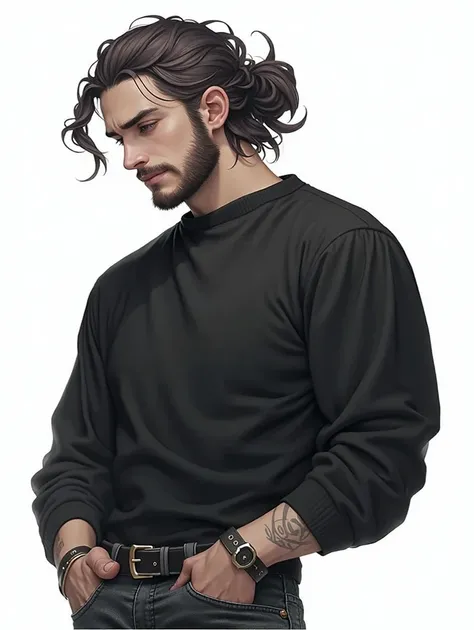 Raise a young boy,  he has a thin but full beard ,  a white jacket over a black turtleneck shirt,  he has long hair tied in a samurai-style cut , But not so long ,  medium sized hair ,  wears cargo jeans ,  black hair,  use beautiful and realistic lighting...