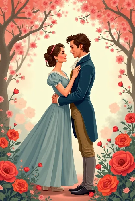 Create an image:cartoon of a couple. It represents an iconic scene from the book, such as the meeting between Elizabeth Bennet and Mr. Darcy. This can be a detailed illustration or a stylized representation. they are standing in front of a blush floral and...